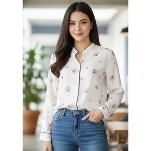 Mast & Harbour Floral Button Down Top White Size L